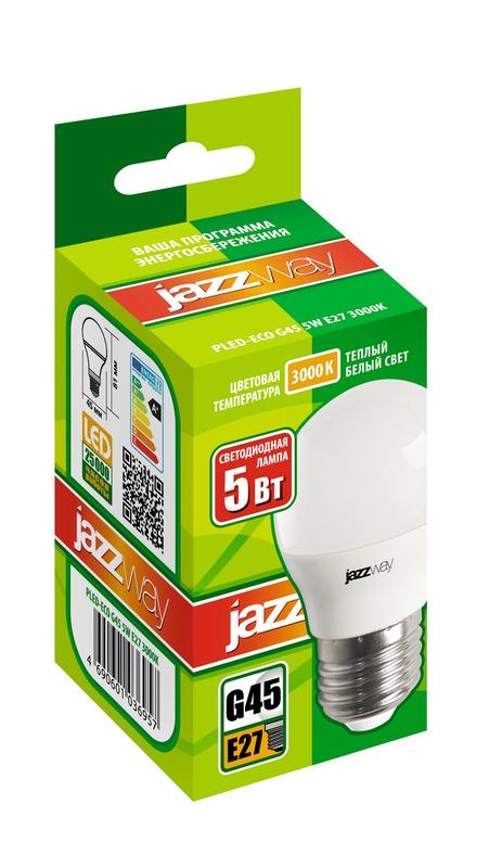 Лампа светодиодная PLED-ECO 5Вт G45 шар 3000К тепл. бел. E27 400лм 220-240В JazzWay 1036957A