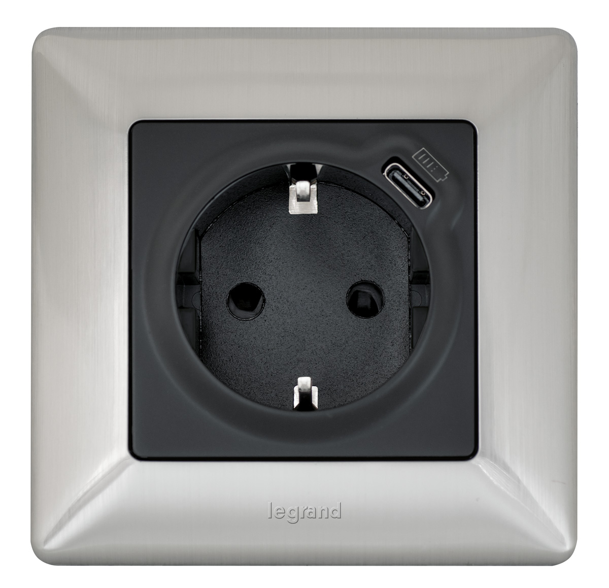 Legrand Valena LIFE Black. Силовая розетка 2К+З 16А 250В с защитными шторками. Безвинтовые зажимы. С лицевой панелью. Антрацит.