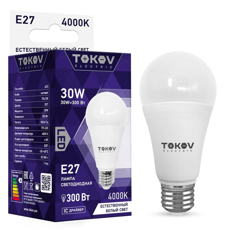 Лампа светодиодная 30Вт А70 4000К Е27 176-264В TOKOV ELECTRIC TKE-A70-E27-30-4K