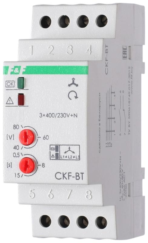 Реле контроля наличия и чередования фаз CKF-BT (монтаж на DIN-рейке 35мм; микропроцессорный; регулировка порога отключения и времени отключения; контроль верхнего и нижнего значений напряжения; 3х400/230+N 2х8А 1Z 1R IP20) F&F EA04.002.004