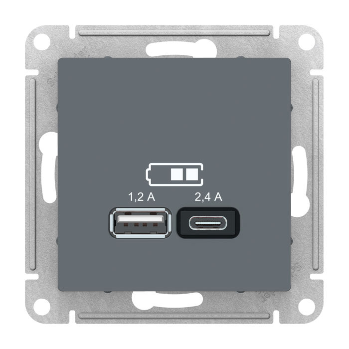 Розетка 2xUSB Schneider Electric ATLASDESIGN, скрытый монтаж, грифель, ATN000739